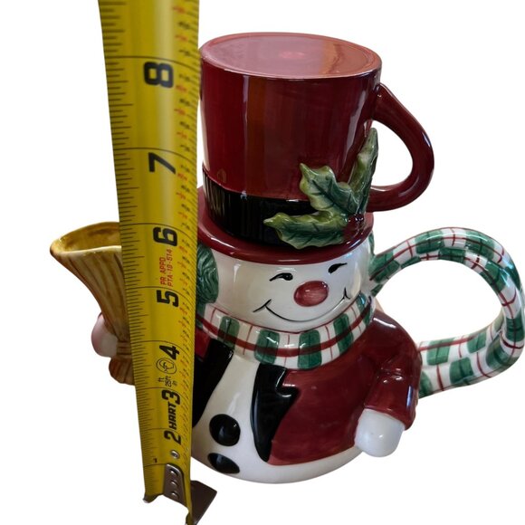 Fitz And Floyd Snack Therapy Snowman Teapot Cup Set Vintage Red Black with Box - Picture 12 of 14